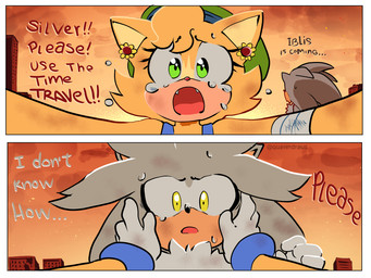 alternate_universe anthro bandage bruised clothing crisis_city dialogue dress female fire fur future gloves green_eyes grey_body grey_fur group handwear hat headgear headwear male quills_(anatomy) red_sky sky speech_bubble text trio wounded yellow_body yellow_eyes yellow_fur quavernsfw sega sonic_the_hedgehog_(series) fan_character silver_the_hedgehog domestic_cat eulipotyphlan felid feline felis hedgehog mammal 4:3 english_text hi_res father_(lore) father_and_child_(lore) father_and_son_(lore) mother_(lore) mother_and_child_(lore) mother_and_son_(lore) parent_(lore) parent_and_child_(lore) parent_and_son_(lore) son_(lore)