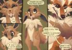 2018 ambiguous_gender anthro anthro_on_anthro anthrofied arcanine blush bodily_fluids brown_body brown_fur canid canine comic cum cum_in_mouth cum_inside cum_on_face dialogue duo eevee english_text fur generation_1_pokemon genital_fluids grimart hi_res long_ears male male/ambiguous mammal nintendo nude open_mouth pokemon pokemon_(species) pokemorph size_difference teal_eyes text