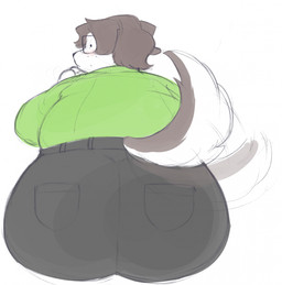 anthro big_butt blush bottomwear butt clothed clothing denim denim_bottomwear denim_clothing eyewear freckles fur glasses grey_body grey_fur grey_hair hair hand_on_chin huge_butt jeans looking_at_viewer looking_back looking_back_at_viewer male overweight overweight_anthro overweight_male pants raised_tail rear_view rectangular_glasses shirt simple_background sitting solo tail tail_motion tailwag topwear white_background white_body white_fur wide_hips cafongterua clyde_(cafongterua) border_collie canid canine canis collie domestic_dog herding_dog mammal pastoral_dog sheepdog 2023 digital_media_(artwork) hi_res