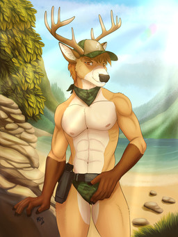 andromorph anthro antlers belt clothing gun hat headgear headwear holster horn intersex kerchief lake male neckerchief neckwear panties ranged_weapon solo underwear water weapon koyhazar daxx_(dkmt12) deer mammal new_world_deer white-tailed_deer 3:4 hi_res