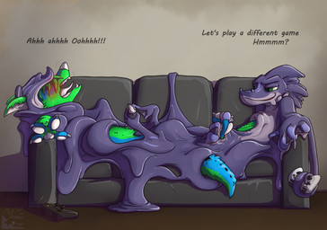 anthro blue_body blush bound controller covering dialogue duo erection forced furniture game_controller genitals goo_bondage goo_covered goo_encasement green_body green_eyes male male/male nude open_mouth penis purple_body sex slime sofa text tongue aver-art dorbley jayjay_idingo canid canine canis dingo goo_creature mammal absurd_res english_text hi_res