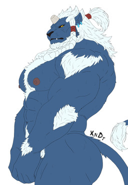 1_horn anthro barazoku beard black_sclera blue_body blue_fur bodily_fluids body_hair braided_hair broken_horn chest_hair covering covering_crotch covering_self cute_fangs ear_piercing ear_ring facial_hair fangs fur fur_tuft hair happy_trail horn long_hair looking_at_viewer male muscular muscular_anthro muscular_male navel nipples nude pecs piercing ponytail pose pubes ring_piercing side_view simple_background solo sweat tail tail_tuft teeth tuft white_body white_fur yellow_eyes xyandrith final_fantasy final_fantasy_x final_fantasy_xiv square_enix kimahri felid hrothgar mammal ronso absurd_res hi_res