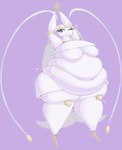 antennae_(anatomy) anthro belly big_belly blue_eyes breasts chubby_cheeks eyelashes featureless_breasts female love_handles navel obese obese_anthro obese_female overweight overweight_anthro overweight_female purple_background purple_eyes raised_arms simple_background solo standing white_body shweetmagnet nintendo pokemon arthropod generation_7_pokemon pheromosa pokemon_(species) ultra_beast hi_res