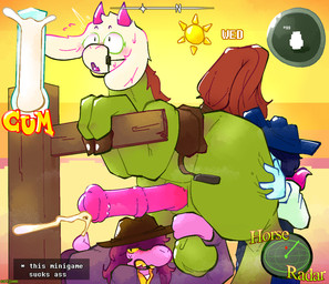 anal animal_genitalia animal_penis anthro anthro_on_feral ball_tugging balls bestiality big_balls bodily_fluids clothing cowboy_hat cowboy_outfit cum cumshot desert dialogue dialogue_box egg ejaculation equine_genitalia equine_penis eyewear feral gameplay_mechanics genital_fluids genitals glasses group group_sex hat headgear headwear human_on_feral interspecies male musk musk_clouds oral penis rimming saddle sex shocked sun sweat sweatdrop text threesome trio user_interface catjam_(artist) deltarune undertale_(series) kris_(deltarune) ralsei ralsei_horse susie_(deltarune) darkner equid equine horse human mammal english_text