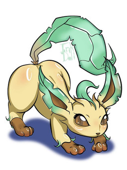 amber_eyes ambiguous_gender big_ears feral fur glistening glistening_body leaf leaf_hair leaf_tail looking_at_viewer on_model paws plant plant_hair presenting pseudo_hair tail yellow_body yellow_fur inkdoll nintendo pokemon eeveelution elemental_creature flora_fauna generation_4_pokemon leafeon mammal pokemon_(species)