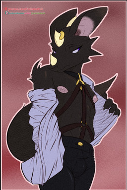 anthro bedroom_eyes black_body black_bottomwear black_clothing black_pants blue_eyes bottomwear bulge clothed clothing duo fur harness male narrowed_eyes pants piercing seductive shirt side_view text topwear undressing undressing_self white_clothing white_shirt white_topwear scalesindark furred_kobold furred_scalie kobold scalie hi_res sketch url