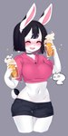 anthro black_hair blush bottomwear breasts clothing female grey_background hair holding_beer midriff navel open_mouth short_hair shorts simple_background smile solo niniidawns lagomorph leporid mammal rabbit 2019 digital_media_(artwork) hi_res shaded