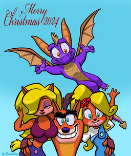 4_fingers accessory anthro blonde_hair breasts brown_hair clothing female fingers flower flower_in_hair flying green_background green_eyes group hair hair_accessory horn looking_at_viewer male membrane_(anatomy) membranous_wings overalls plant purple_body simple_background smile wings charles_zembillas activision crash_bandicoot_(series) mythology spyro_the_dragon coco_bandicoot crash_bandicoot spyro tawna_bandicoot bandicoot dragon mammal marsupial mythological_creature mythological_scalie scalie 2024