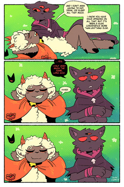 3_eyes ambiguous_anthro ambiguous_gender anthro black_body black_fur dialogue duo eyes_closed fur grin lying multi_eye on_back red_eyes smile speech_bubble talking_to_another text white_body white_fur white_wool wool_(fur) rubyfunkey cult_of_the_lamb massive_monster_(studio) lamb_(cult_of_the_lamb) narinder red_crown_(cult_of_the_lamb) bovid caprine domestic_cat felid feline felis mammal sheep 2025 2:3 comic digital_drawing_(artwork) digital_media_(artwork) english_text hi_res