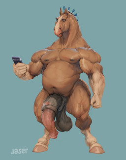 animal_genitalia animal_penis anthro balls big_balls big_penis biped black_balls black_penis brown_body brown_fur cellphone electronics equine_genitalia equine_penis fur genitals half-erect holding_object holding_phone hooves huge_balls huge_penis looking_at_object looking_at_phone male male_anthro multicolored_body multicolored_fur multicolored_penis musclegut muscular muscular_anthro muscular_male nipples nude_anthro nude_male overweight penis phone pink_penis smartphone solo standing two_tone_body two_tone_fur two_tone_penis vein veiny_arms veiny_penis veiny_thighs white_body white_fur laser_(artist) henry_(laser) equid equine horse mammal 2026 digital_media_(artwork) hi_res