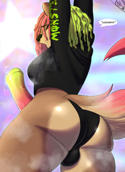 animal_genitalia animal_penis anthro balls bodily_fluids butt butt_focus clothing dreadlocks dripping ear_piercing equine_genitalia equine_penis genital_fluids genitals hoodie intersex leaking_precum light long_tail musk musky_balls musky_butt musky_penis open_mouth panties penis piercing precum precum_drip simple_background solo tail text topwear underwear yawn xikitsune monster_energy artist_name colored digital_drawing_(artwork) digital_media_(artwork) hi_res lighting shaded