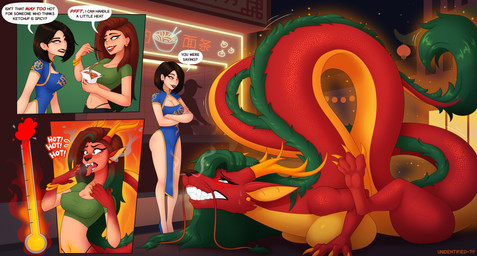 antlers asian_clothing big_breasts breast_expansion breasts brown_hair busty_feral chinese_clothing chinese_dress chopsticks clothing dress duo east_asian_clothing eating eating_food expansion female feral green_hair growth hair horn huge_breasts human_to_feral red_body red_scales restaurant scales serpentine smoke smoke_from_nose species_transformation tail tail_tuft text tongue tongue_out transformation tuft unidentified-tf mythology dragon eastern_dragon human mammal mythological_creature mythological_scalie scalie absurd_res english_text hi_res