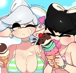 beach big_breasts bikini bikini_top breast_size_difference breasts clothing dessert duo eating eating_food female food heart_symbol ice_cream licking outside pose swimwear tongue two-piece_swimsuit puppysnackz nintendo splatoon callie_(splatoon) marie_(splatoon) squid_sisters_(splatoon) cephalopod inkling marine mollusk hi_res pinup