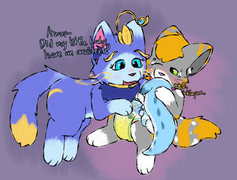 3_fingers 3_toes blue_body blue_eyes blue_fur blush bodily_fluids collar diaper duo eyelashes feet female feral fingers fur genital_fluids green_eyes grey_body grey_fur hand_on_diaper holding_object holding_plushie inner_ear_fluff jewelry leaking_diaper looking_at_another looking_at_diaper male male/female markings neck_tuft necklace one_eye_closed open_mouth orange_body orange_fur pink_nose plushie simple_background stitch_(sewing) tail tears text toes touching_diaper tuft unclean_diaper urine used_diaper wet_diaper whimper white_body white_fur yellow_markings cookid kiddo_diapers league_of_legends palworld pocketpair riot_games tencent slinky_(cookid) yuumi_(lol) chillet domestic_cat felid feline felis mammal pal_(species)