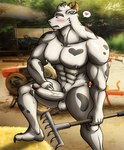 abs anthro balls big_pecs big_penis blush bodily_fluids breast_milking brown_eyes cum erection farm farmer feet fur genital_fluids genitals handjob heart_symbol horn humanoid_genitalia humanoid_penis lactating male male_lactation milk muscular muscular_anthro muscular_male navel nipple_milking nipples nude nude_anthro nude_male pecs penile penis pubes rake sex solo spots step_pose sweat tools white_body white_fur alkan bovid bovine cattle mammal absurd_res hi_res