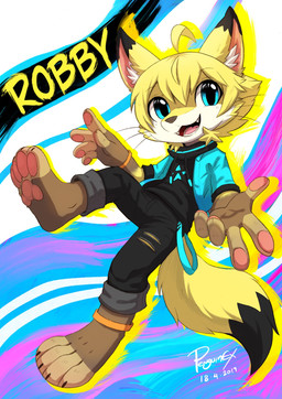 4_toes abstract_background anthro barefoot black_bottomwear black_clothing black_pants black_topwear blonde_hair blue_clothing blue_eyes blue_topwear bottomwear brown_body brown_fur chibi claws clothed clothing fangs feet fur glistening glistening_eyes hair happy looking_at_viewer male open_mouth open_smile pants pawpads paws pink_pawpads pink_tongue plantigrade short_hair smile soles solo teeth toes tongue topwear torn_bottomwear torn_clothing torn_pants white_body white_fur yellow_body yellow_fur penguinexperience robby_(penguinexperience) canid canine fox mammal 2019 dated full-length_portrait hi_res portrait signature