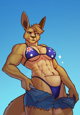 abs anthro australia australian australian_flag australian_flag_bikini biceps big_breasts bikini bottomwear breasts brown_body clothing denim denim_bottomwear denim_clothing denim_shorts eyebrow_scar eyebrows facial_scar female flag_bikini glistening glistening_abs glistening_breasts looking_at_viewer muscular muscular_female pouch_(anatomy) scar shorts shorts_open solo string_bikini swimwear two-piece_swimsuit under_boob undressing yellow_eyes finfenart ramona_(cosmicroo) kangaroo macropod mammal marsupial 2024 hi_res