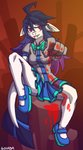 anthro blood bodily_fluids bottomwear bow_tie clothing female highlights_(coloring) long_tail pink_eyes school_uniform skirt solo tail uniform white_body goiaba demonpact_clarice nell_(demonpact_clarice) animal_humanoid fish fish_humanoid humanoid marine marine_humanoid hi_res