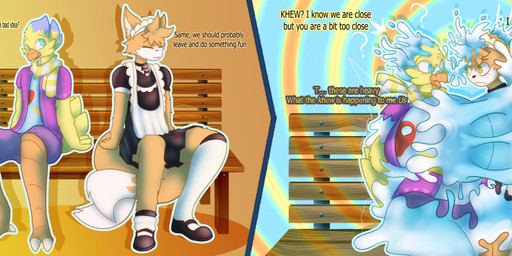 anthro big_breasts blue_body breasts clothing duo female fusion gender_transformation goo_transformation huge_breasts maid_uniform male male_to_female merge_transformation merging mtf_transformation question_mark scuted_legs scutes sharing_body speech_impediment text three_frame_sequence transformation transformation_sequence uniform water yellow_body crumbleumble deltarune undertale_(series) erakir khloe_prower miss_mizzle avian canid canine elemental_creature fox goo_creature humanoid mammal mizzle_(deltarune) water_creature absurd_res english_text hi_res