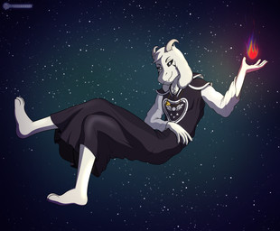 anthro black_sclera clothed clothing colored_fire fire fur horn looking_at_viewer male multicolored_fire rainbow_fire robe solo space star white_body white_fur torgore undertale undertale_(series) asriel_dreemurr_(god_form) boss_monster_(undertale) bovid caprine goat mammal absurd_res hi_res