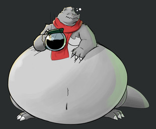 3_toes 4_fingers anthro beverage black_background claws coffee coffee_pot feet fingers grey_body groggy inflation male navel scarf simple_background solo standing tail toes white_claws cavios mythology dragon mythological_creature mythological_scalie scalie