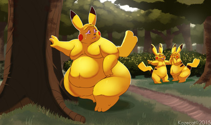 anthro belly big_belly big_butt bodily_fluids butt crying female fur grass group male obese obese_female outside overweight overweight_anthro overweight_female overweight_male plant tears tree yellow_body yellow_fur kazecat nintendo pokemon cocoa_(cheesecaker) generation_1_pokemon mammal pikachu pokemon_(species) rodent 2015 hi_res