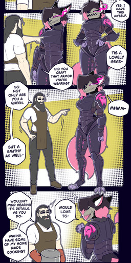 anthro apron armor beard bone clothed clothing dialogue duo facial_hair female fingers fluffy fur grey_hair hair male pink_body pink_fur short_hair skull speech_bubble text the_man hope_metcalf the_man_(character) canid human mammal skulldog_(species) 2025 absurd_res comic english_text hi_res
