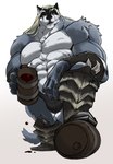 anthro barrel blonde_hair blue_body blue_fur clothed clothing fur hair holding_object holding_tankard legwear male muscular muscular_anthro muscular_male partially_clothed pecs simple_background solo standing tail underwear white_background white_body white_eyes white_fur ilp0 canid canine canis mammal wolf hi_res