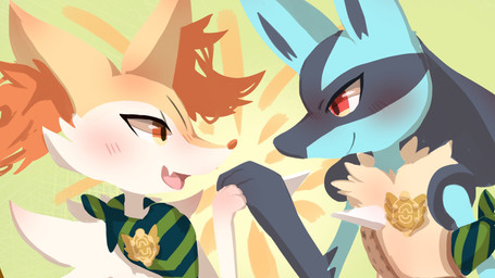 3_fingers ambiguous_anthro ambiguous_gender anthro arm_tuft badge biped black_body black_nose blue_body blush blush_lines cheek_tuft closed_smile duo emanata eye_contact eyelashes facial_tuft fingers flesh_fang fur hand_holding harmony_scarf inner_ear_fluff looking_at_another mouth_closed multicolored_body multicolored_fur nude_ambiguous nude_anthro open_mouth open_smile orange_body orange_eyes orange_fur orange_inner_ear_fluff orange_nose pointy_ears prick_ears red_eyes shoulder_tuft side_view simple_background smile snout tuft white_body white_fur yellow_body yellow_fur izon448 nintendo pokemon pokemon_mystery_dungeon spike_chunsoft braixen canid generation_4_pokemon generation_6_pokemon lucario mammal pokemon_(species) 2023 cel_shading colored digital_drawing_(artwork) digital_media_(artwork) hi_res lineless shaded