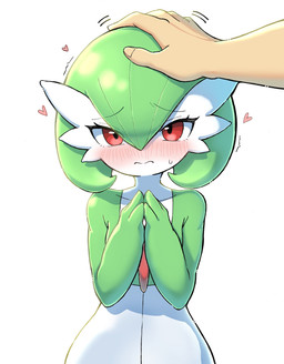 ambiguous_gender blush blush_lines bodily_fluids duo eye_through_pseudo_hair eyebrow_through_pseudo_hair eyebrows eyelashes first_person_view green_pseudo_hair headpat heart_symbol human_pov looking_at_viewer pov_hands pseudo_hair red_eyes shaking simple_background sweat trembling white_body sublender1234 nintendo pokemon gardevoir generation_3_pokemon human humanoid mammal pokemon_(species) 2026 hi_res