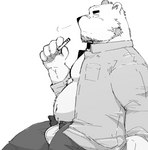 anthro belly bottomwear bulge clothed clothing humanoid_hands kemono male moobs navel open_clothing open_shirt open_topwear overweight overweight_male pants shirt simple_background sitting solo topwear underwear white_background hagom bear mammal 2022 hi_res monochrome