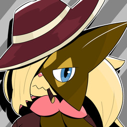 ambiguous_gender blonde_hair cigar cigar_in_mouth clothing grey_background hair hat headgear headwear looking_at_viewer object_in_mouth pink_nose shadow simple_background solo wearing_hat duren-kun limbus_company nintendo pokemon project_moon valencina_(limbus_company) generation_9_pokemon meowscarada pokemon_(species) 1:1 icon shaded signature simple_shading