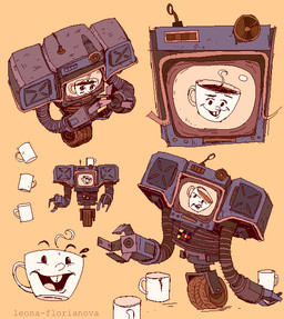 ambiguous_gender blue_body cathode_ray_tube container cup machine mechanical_arm mug new_vegas not_furry simple_background smile solo text wheel yellow_background leona-florianova fallout microsoft muggy_(fallout) robot securitron_(fallout) artist_name
