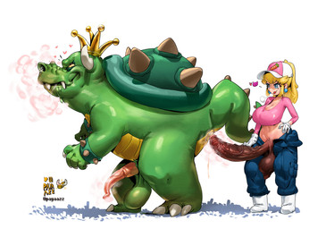 animal_genitalia anthro anus balls big_balls big_breasts big_penis blonde_hair blue_eyes bodily_fluids boots bracelet breasts breath brown_penis clothing crop_top crown drooling duo erection footwear genitals green_body gynomorph hair hat headgear headwear huge_balls huge_penis intersex jewelry licking licking_lips male musk musk_cloud panting penis ponytail saliva shell shirt shoes spiked_bracelet spiked_shell spikes spikes_(anatomy) tail tongue tongue_out topwear vein veiny_penis payaazz mario_bros nintendo super_mario_bros_super_show bowser king_koopa princess_peach human mammal scalie absurd_res hi_res