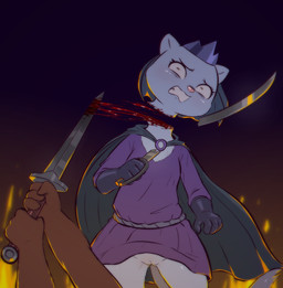 4_fingers accident accidental_exposure anthro blood blood_on_object blood_on_sword blood_on_weapon blush bodily_fluids body_blush bottomless bottomless_female breasts broadsword broken_sword broken_weapon brown_body brown_fur butt butt_from_the_front cape clenched_teeth clothed clothing constricted_pupils crown cut_(wound) dark death decapitation defeat defeated defeated_villainess dress duo dying eye_bags fail fatal fatal_wound female female_death fight fingers fire first_person_view fur furrowed_eyebrows genitals glistening glistening_crown gloves glowing gore gore_focus handwear headgear hilt holding_melee_weapon holding_object holding_sword holding_weapon horrified horror_(expression) innie_vulva killing melee_weapon neck_tuft neck_wound no_underwear oversized_clothing pain pink_nose princess pupils purple_clothing purple_dress regicide revenge rope royalty ryona sabre_(weapon) scared severed_body_part severed_head slashing small_pupils suffering sword sword_of_martin_the_warrior teeth thick_thighs tuft upskirt vengeance villainess violence vulva vulva_blush wardrobe_malfunction weapon white_body white_fur wince wounded e254e redwall princess_kurda triss_(redwall) domestic_ferret mammal mustelid musteline rodent sciurid tree_squirrel true_musteline weasel absurd_res hi_res