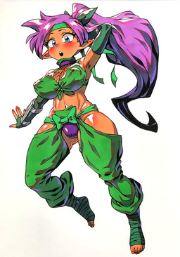 big_breasts blue_eyes blush breasts camel_toe cleavage clothed clothing dark_body dark_skin eyelashes feet female front_view green_clothing hair hand_behind_head humanoid_pointy_ears navel ninja_outfit ninja_suit nipple_outline open_mouth pointy_ears ponytail purple_hair simple_background solo thick_thighs white_background wide_hips sudal shantae_(series) wayforward shantae genie humanoid absurd_res hi_res