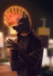 2020 5_fingers anthro black_body black_fur canid canine canis claws clothing collar detailed_background digital_media_(artwork) fingers fur hi_res jacket kevintheradioguy leather leather_clothing leather_jacket leather_topwear male mammal smile solo topwear wolf yellow_eyes