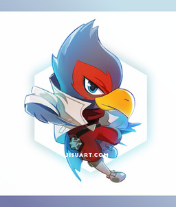 anthro beak blue_body blue_eyes blue_feathers boots chibi clothing feathers footwear looking_at_viewer male red_body red_feathers shoes solo suit jisuart nintendo star_fox falco_lombardi avian bird 2016