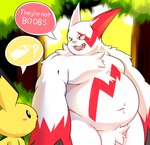 angry anthro belly big_belly blush bottle chest_tuft container dialogue fangs forest fur humor male milk milk_bottle moobs musclegut muscular muscular_male outside overweight overweight_anthro overweight_male pecs plant pubes question_mark red_body red_fur slightly_chubby teeth text tree tuft white_body white_fur bubblecat nintendo pokemon generation_2_pokemon generation_3_pokemon pichu pokemon_(species) zangoose english_text hi_res