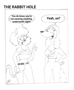 anthro bottomless breasts clothed clothing dialogue duo female fully_clothed genitals simple_background text vulva white_background rockytoonzcomics canid canine felid feline mammal black_and_white english_text hi_res monochrome source_request unavailable_at_source
