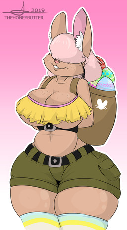 anthro backpack belt big_breasts bottomwear breasts cleavage clothed clothing curvy_figure easter_egg female fur gradient_background hair hair_over_eyes holidays hotpants hourglass_figure legwear pink_hair shorts simple_background skimpy solo squish standing tan_body teeth thick_thighs thigh_highs thigh_squish under_boob wide_hips thehoneybutter easter lagomorph leporid mammal rabbit 2019 digital_media_(artwork) hi_res