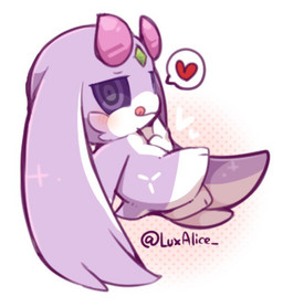 abstract_background ambiguous_gender chibi forehead_gem gem heart_symbol horn kemono licking licking_lips long_ears looking_at_viewer semi-anthro side_view solo speech_bubble text tongue tongue_out katsuo_no_eboshi luxalice unknown_species english_text