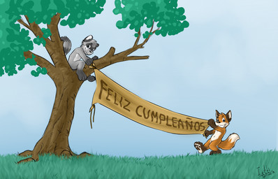 anthro banner biped blue_eyes butt dipstick_tail duo fur looking_at_viewer male markings plant sitting smile standing tail tail_markings text tree white_body white_fur young young_anthro young_male iztli art_(pandapaco) biro_(pandapaco) canid canine fox mammal procyonid raccoon 14:9 2015 signature spanish_text translated