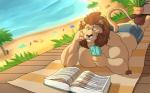 5_fingers anthro beach blue_eyes book brown_body brown_fur brown_hair butt clothed clothing depth_of_field dessert fingers food fur group hair holding_object ice_cream lying male on_front outside reading seaside solo_focus topless towel water fluffysnowmeow leolex felid lion mammal pantherine 2018 hi_res