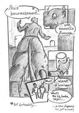 anthro apron bare_back bare_butt black_body clothing comic_panel dialogue female genitals gloves group handwear kitchen kitchen_utensils macro male male/female mischievous size_difference speech_bubble text tools thema felid human leopard mammal pantherine comic french_text graphite_(artwork) greyscale monochrome sketch traditional_media_(artwork)