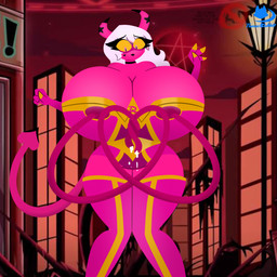 armwear big_breasts bodily_fluids bodysuit boots breasts clothing domino_mask elastic_nipples elbow_gloves eyemask eyewear female footwear gloves handwear high_heeled_boots high_heels huge_breasts lactating legwear leotard logo mask nipple_stretch nipples shoes skinsuit solo superhero superhero_costume tail text thigh_boots thigh_highs tight_clothing thomasbluewolf hellaverse helluva_boss breast_woman verosika_mayday demon humanoid succubus 1:1 hi_res