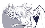 ambiguous_gender cheek_horn claws feral grin horn membrane_(anatomy) membranous_wings narrowed_eyes ridged_horn simple_background smile solo spotted_neck spotted_shoulders wing_claws wings kardinaluz mythology dragon mythological_creature mythological_scalie scalie monochrome female_(lore)