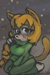 anthro blush bottomwear braided_hair clothing eyewear female footwear freckles glasses hair heart_symbol orange_hair pants socks solo sweater topwear ramdoctor vg_cats april_(vg_cats) domestic_cat felid feline felis mammal 2020 2:3 hi_res