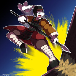 ambiguous_gender anthro armor armor_plates broken_wood dynamic fur holding_melee_weapon holding_object holding_polearm holding_spear holding_weapon kick melee_weapon military polearm soldier spear warrior weapon white_body white_fur wood dirtymac mac-daddy lagomorph leporid mammal rabbit invalid_tag absurd_res hi_res