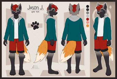 anthro bottomwear cheek_tuft clothed clothing facial_tuft fluffy fluffy_tail fox_tail front_view hoodie male pawpads rear_view shirt shorts side_view solo t-shirt tail topwear tuft shtein canid canine canis fox hybrid mammal wolf absurd_res hi_res model_sheet